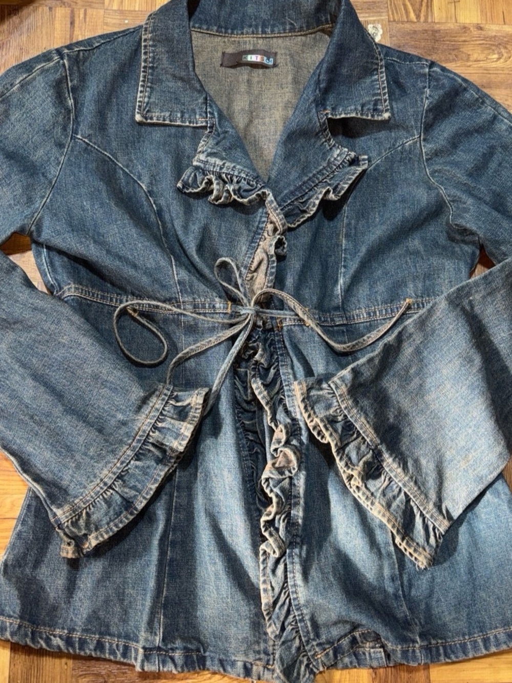 vintage Kitsch denim jacket with playful ruffled trim and tie-vintage,Women’s SM